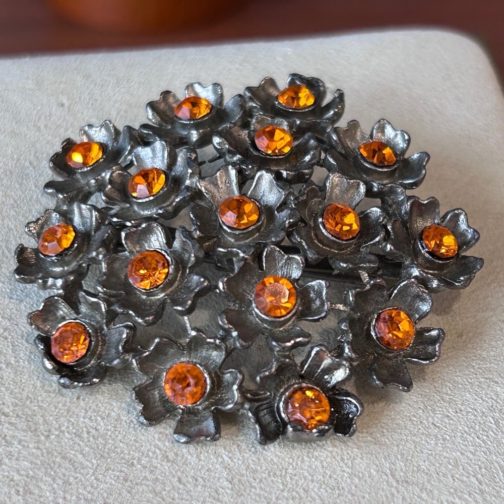 Vintage Silver Tone Amber Rhinestone Floral Cluster Brooch Pin Gunmetal Finish
